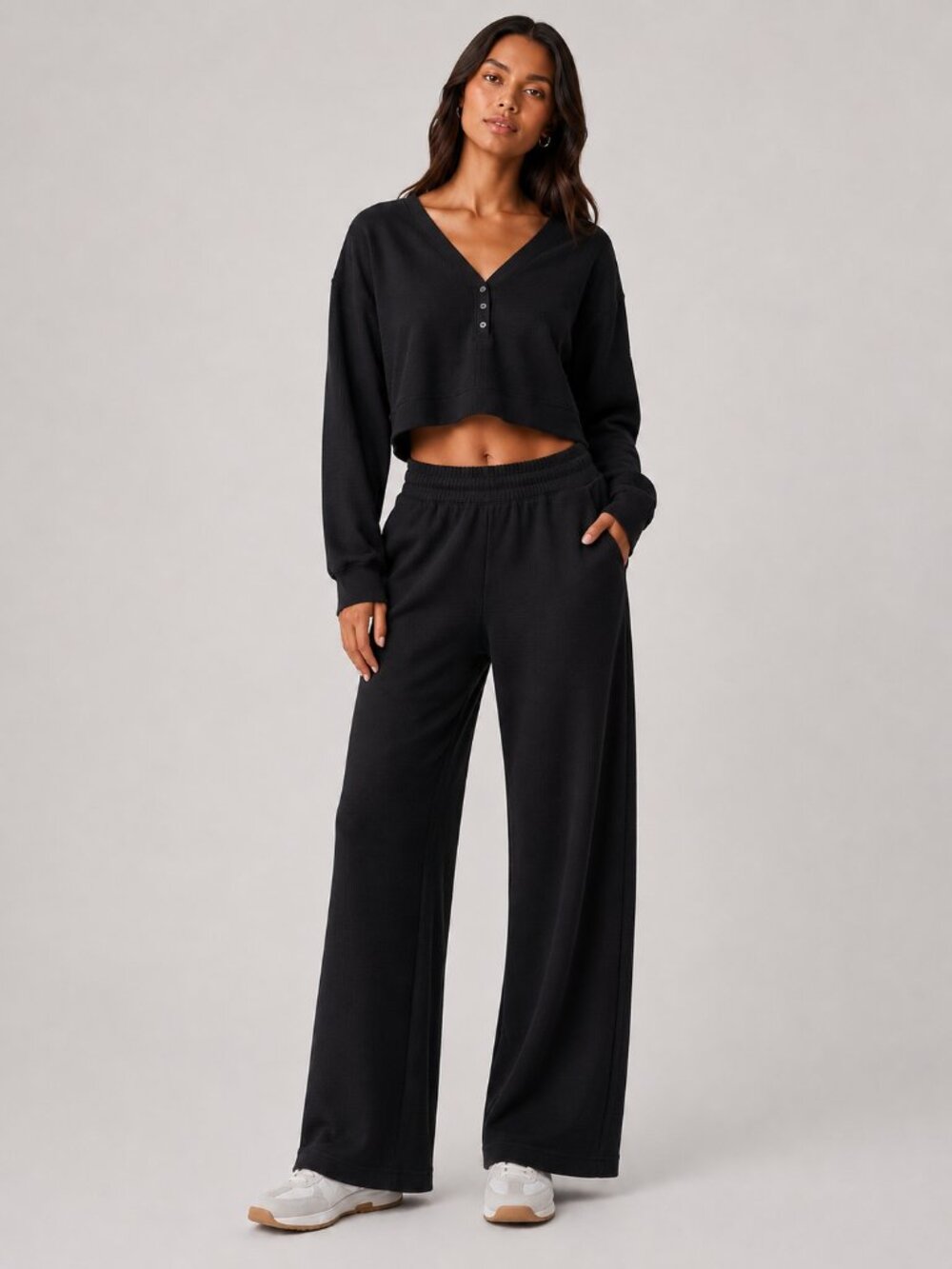 Alo Yoga Micro Waffle Set Black Henley Wide Leg Pants S